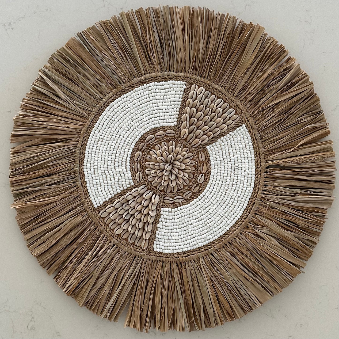 BoHo Bead Shell Rope and Raffia Wall Disk | WHITE | 40cm