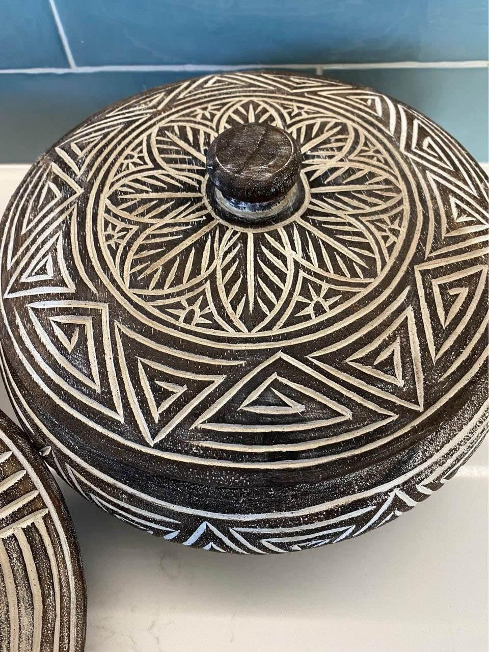Hand Carved Wooden Bowl/Pot w/- Lid | 2 Styles
