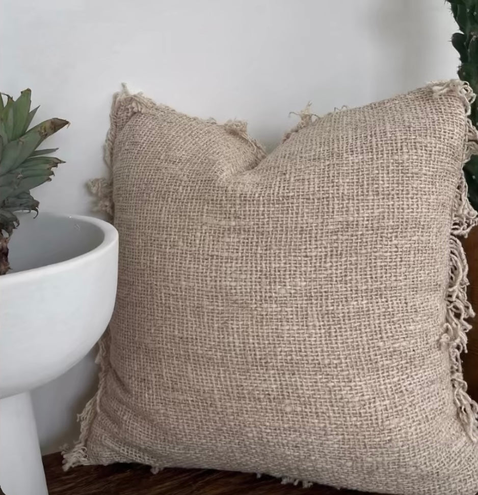 Natural BoHo Slub Cotton Fringed Cushion Cover | WHEAT