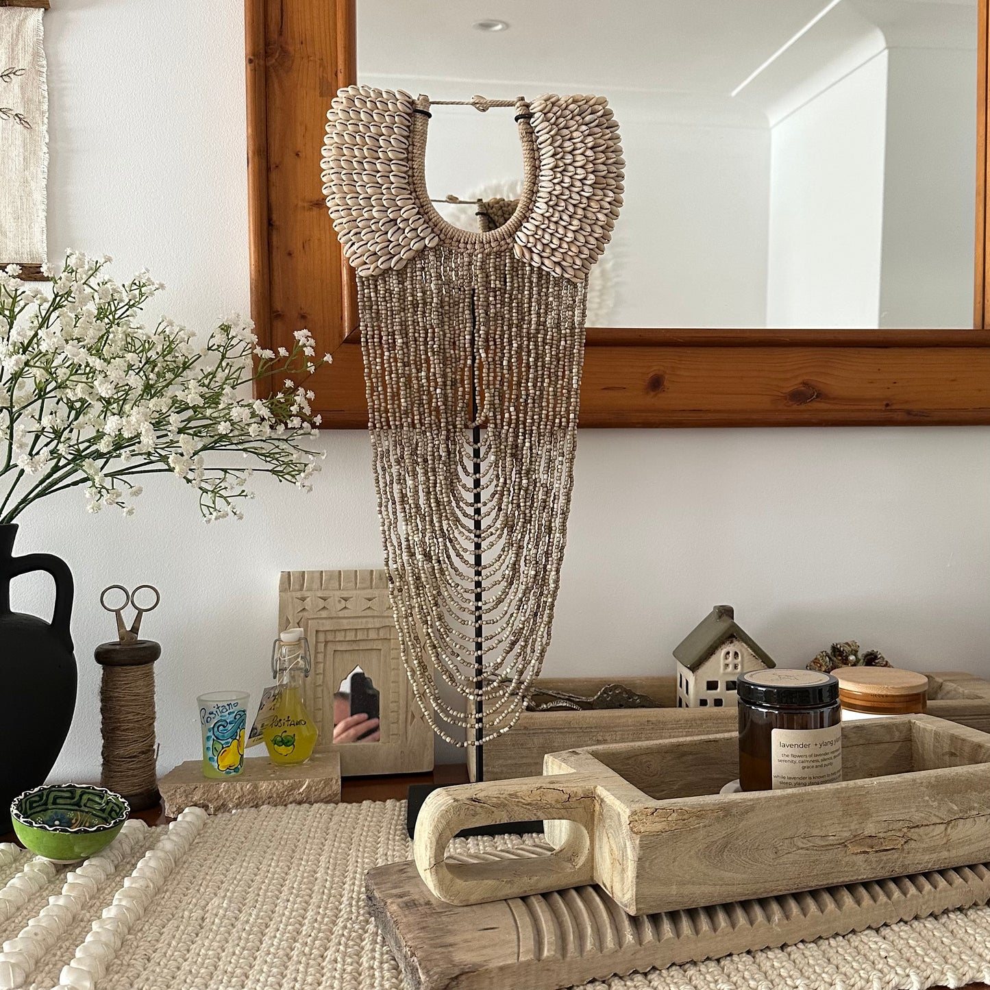 Sari Cowrie Shell + Beaded Wall Necklace | w/- Stand