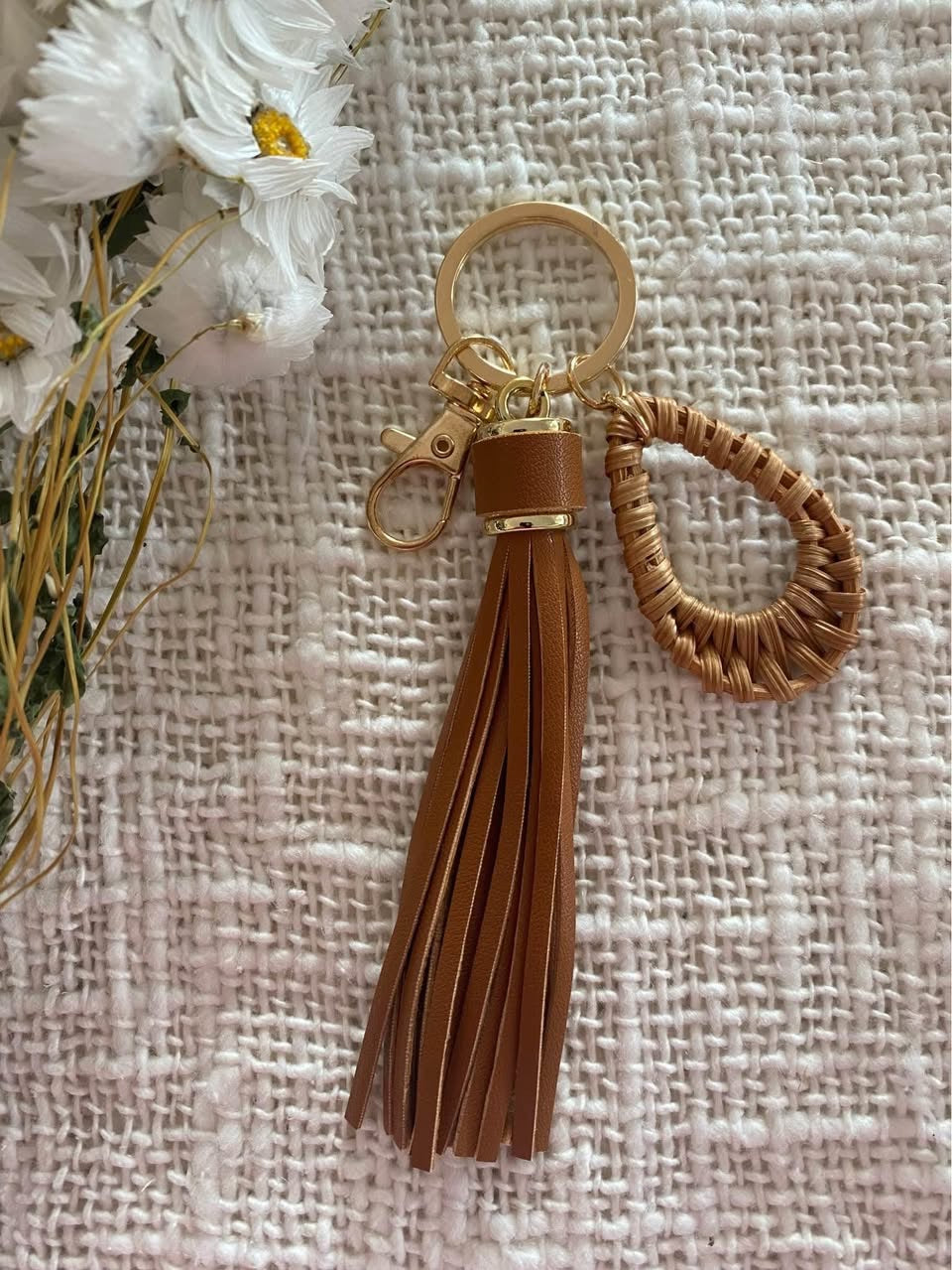 Natural Rattan & Leather Keyring