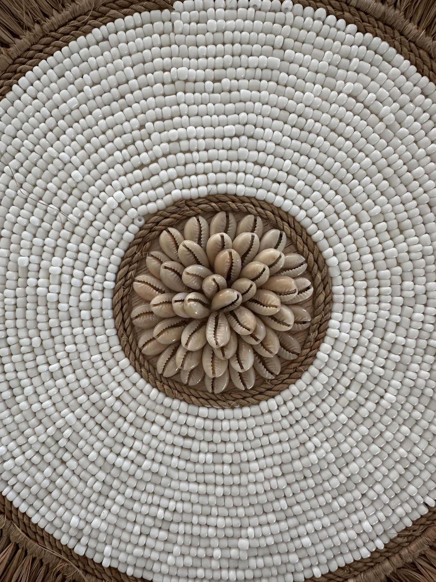 Sunshine Medium Bead Shell and Raffia Wall Disk | White | 40cm
