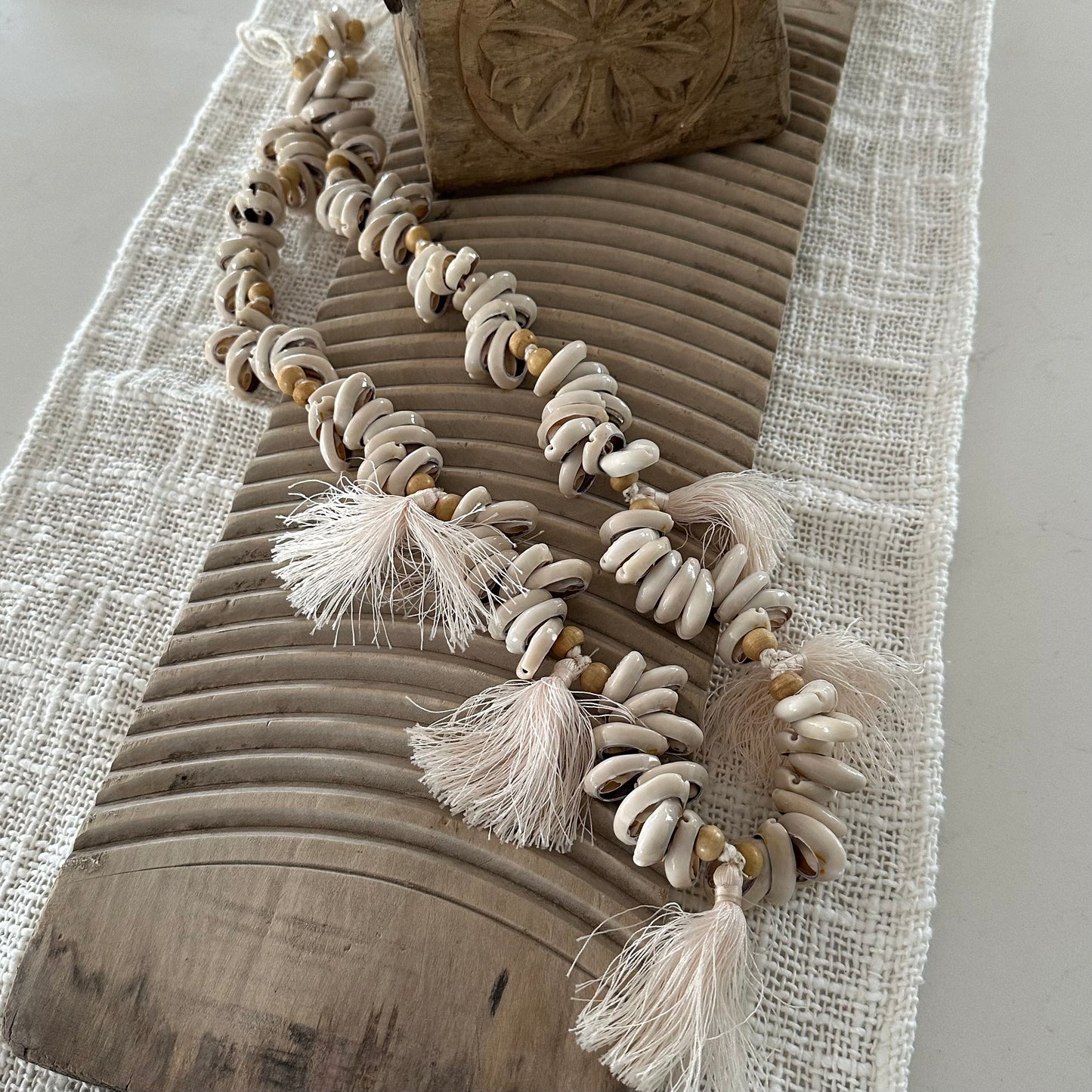 Sylvie Cowrie | Natural Beads | Tassel Curtain Tie | 48cm | ONLY 1 LEFT