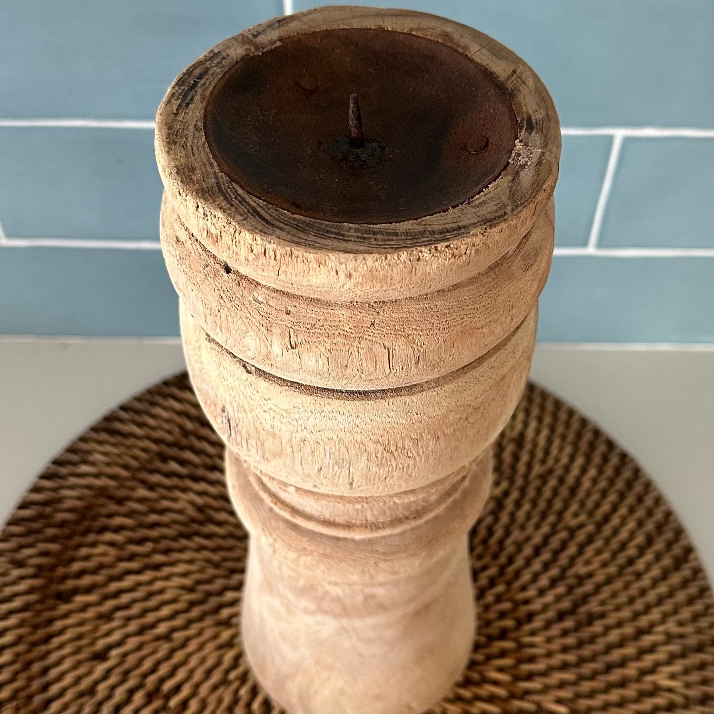 Bleached Vintage Indian Candle Holder | Tall