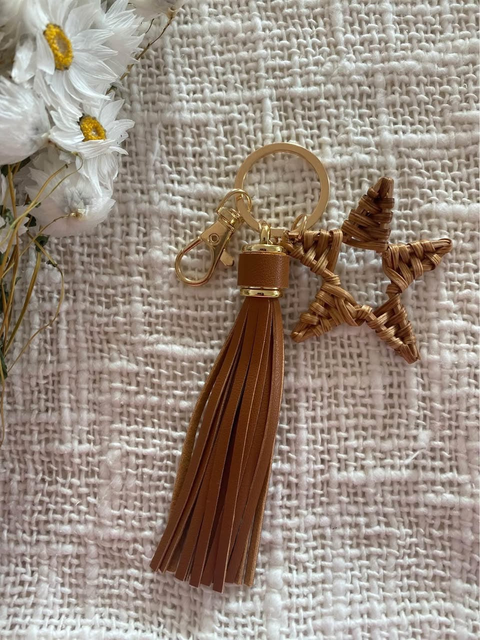 Natural Rattan & Leather Keyring