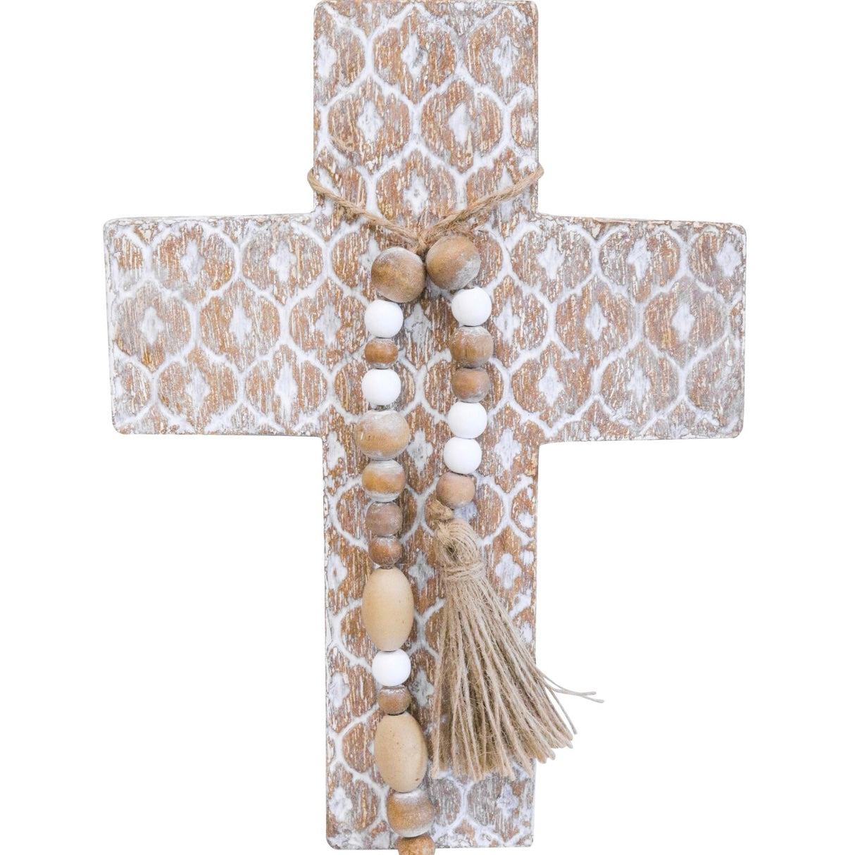 Boho Hanging Cross | Iron + Wooden Beads | Whitewashed | NEW ARRIVAL