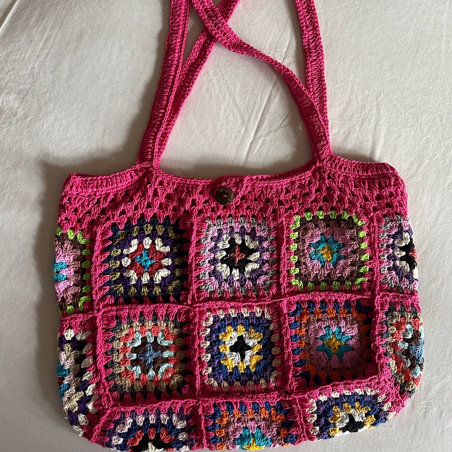 Nina Natural Cotton Granny Square Beach Bag | Crochet | Bubblegum | ONLY 1 LEFT