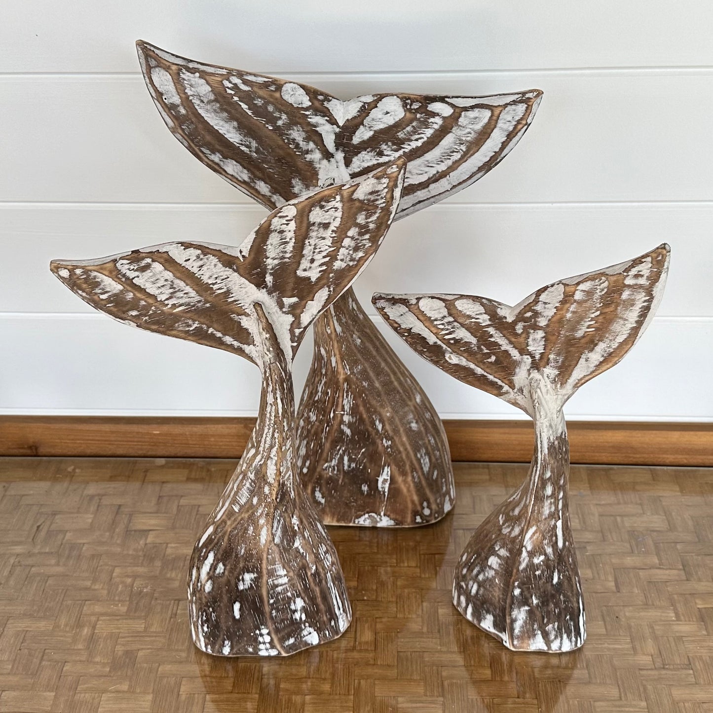 BoHo Wooden Whale Tails | BROWN Whitewashed | Set of 3