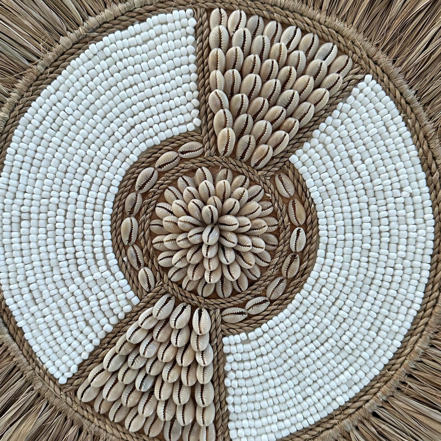 BoHo Bead Shell Rope and Raffia Wall Disk | WHITE | 40cm