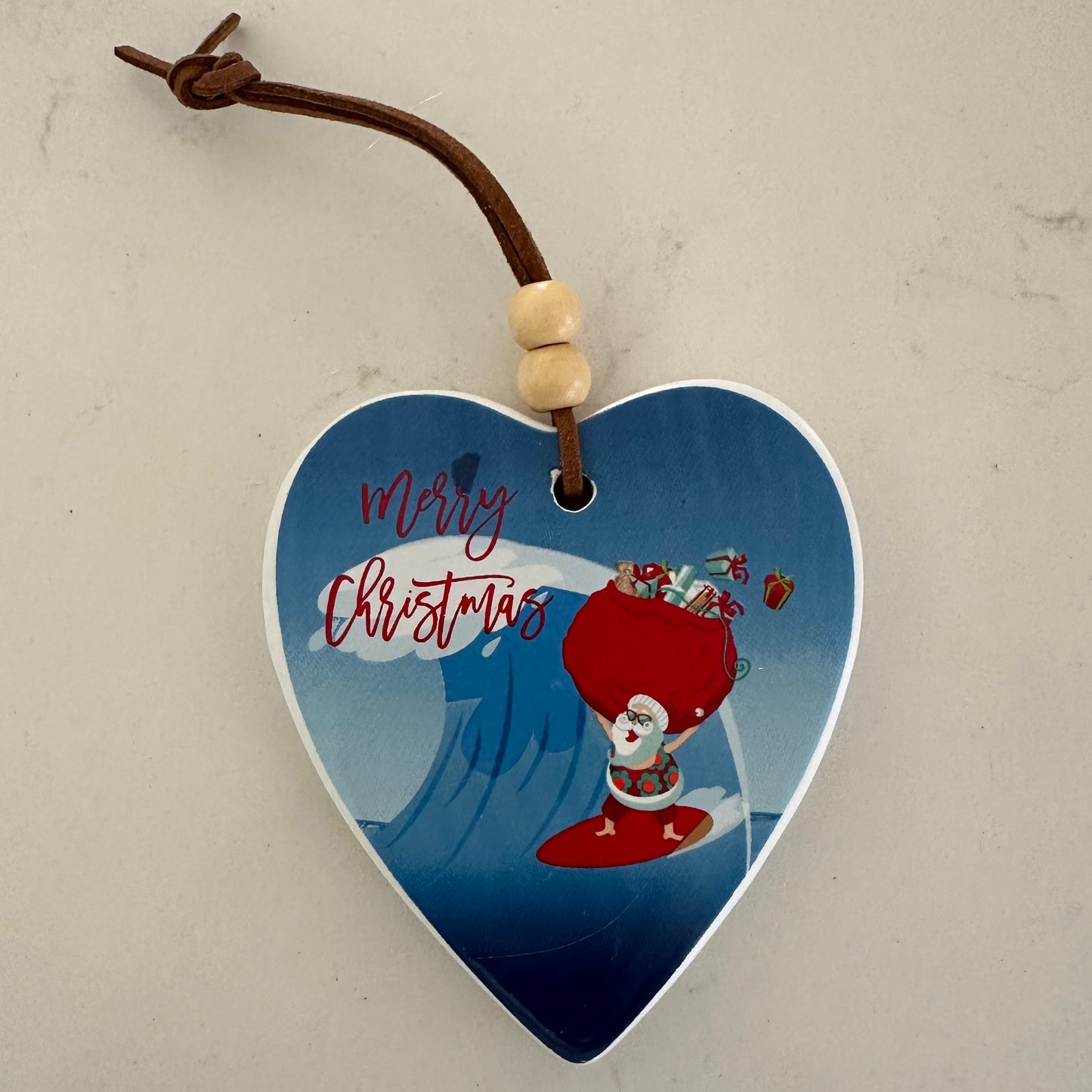 Surfing Santa Hanging Christmas Heart
