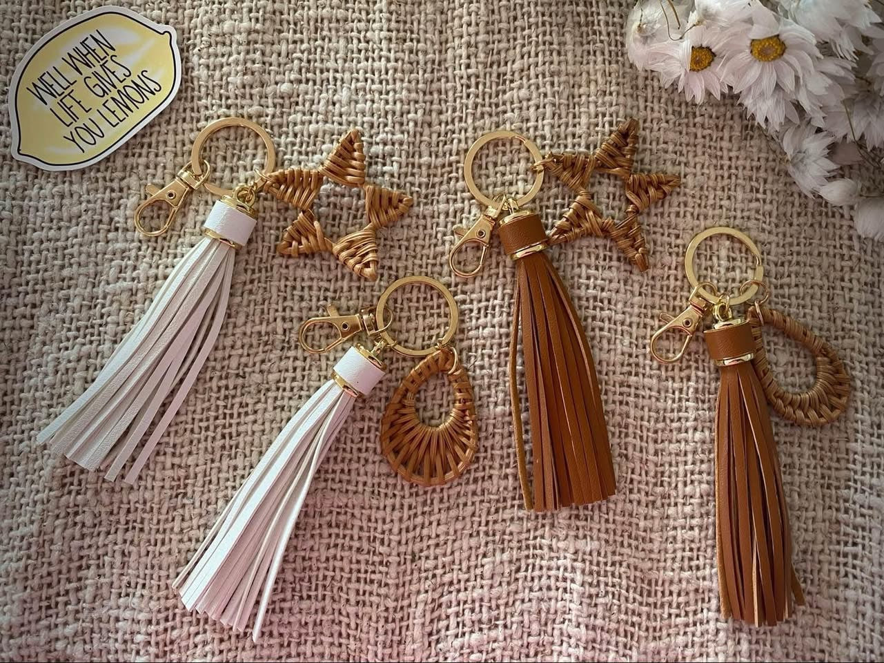Natural Rattan & Leather Keyring