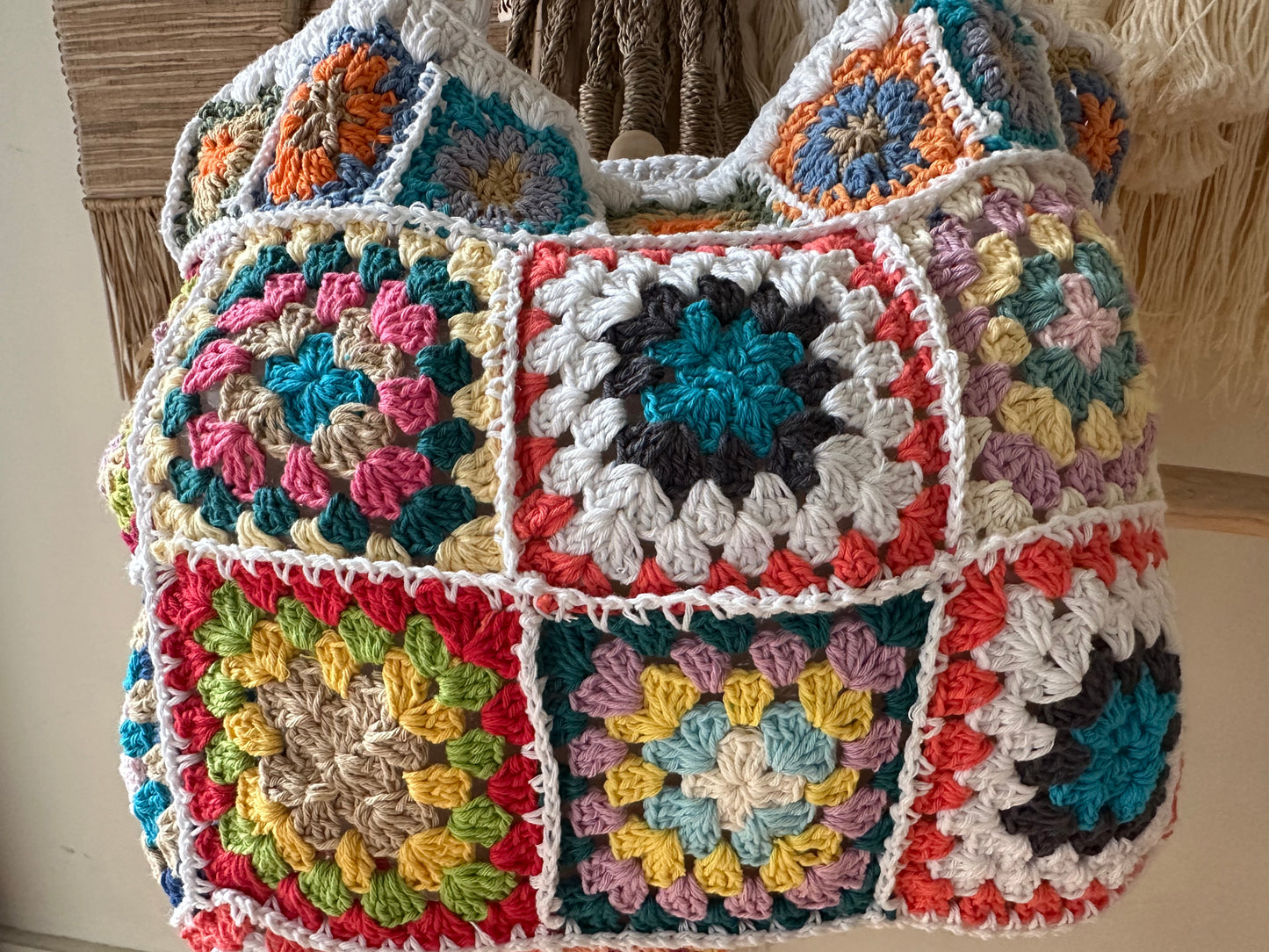 Nina Natural Cotton Granny Squares Beach Bag | Crochet | White