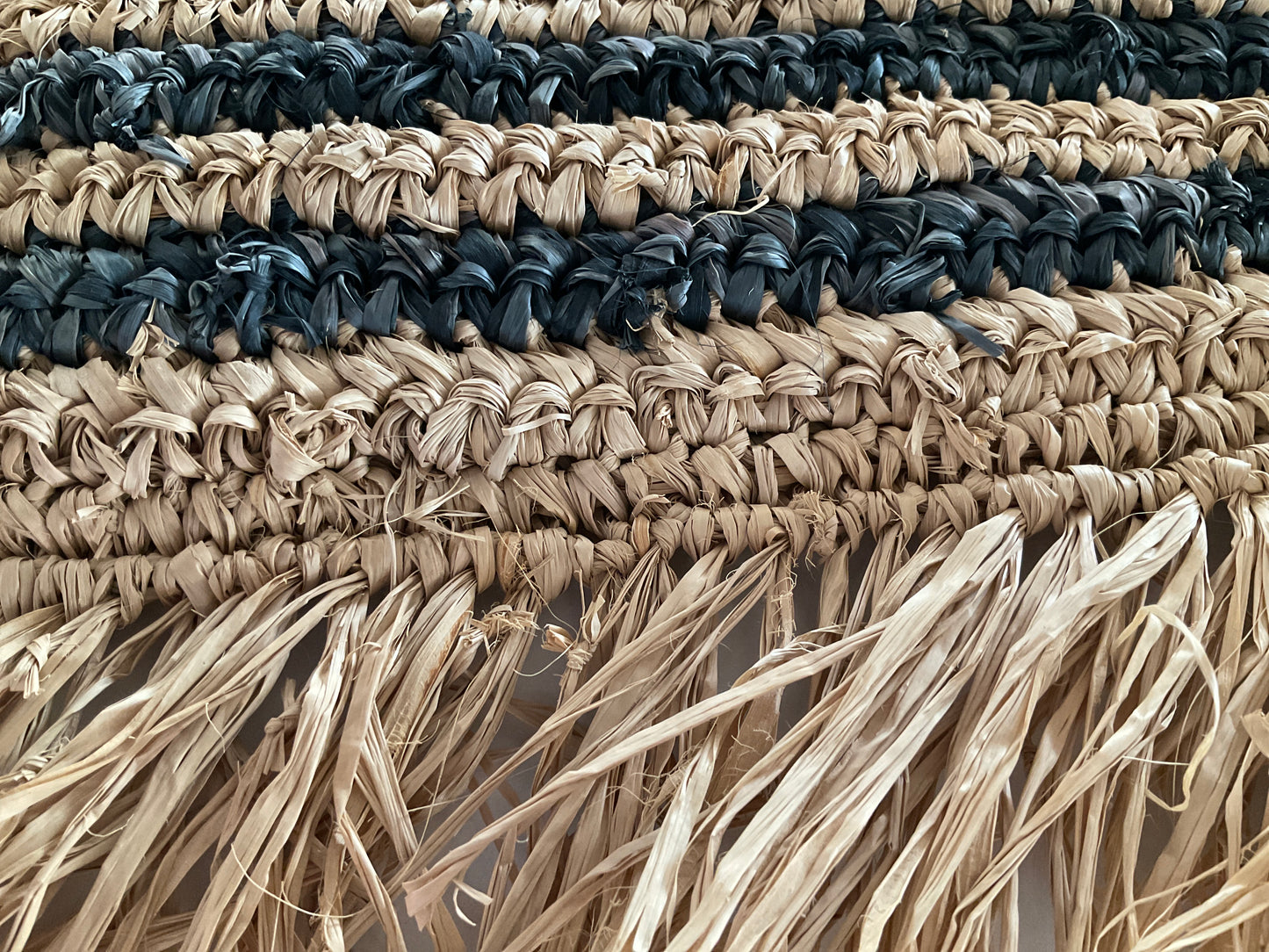 Raffia Cushion Cover with Fringe Natural with Black Stripe