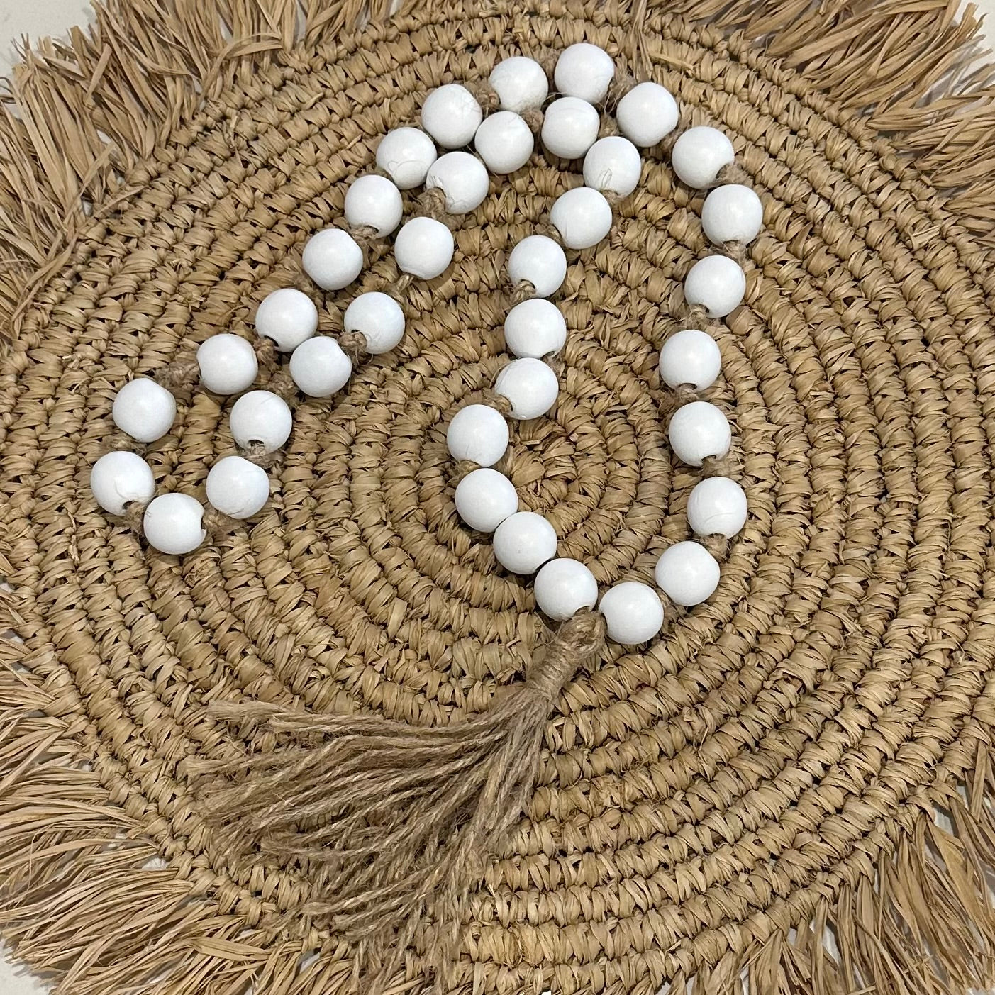 Beads and Natural Cotton Tassel/Curtain Tie | 48cm | White