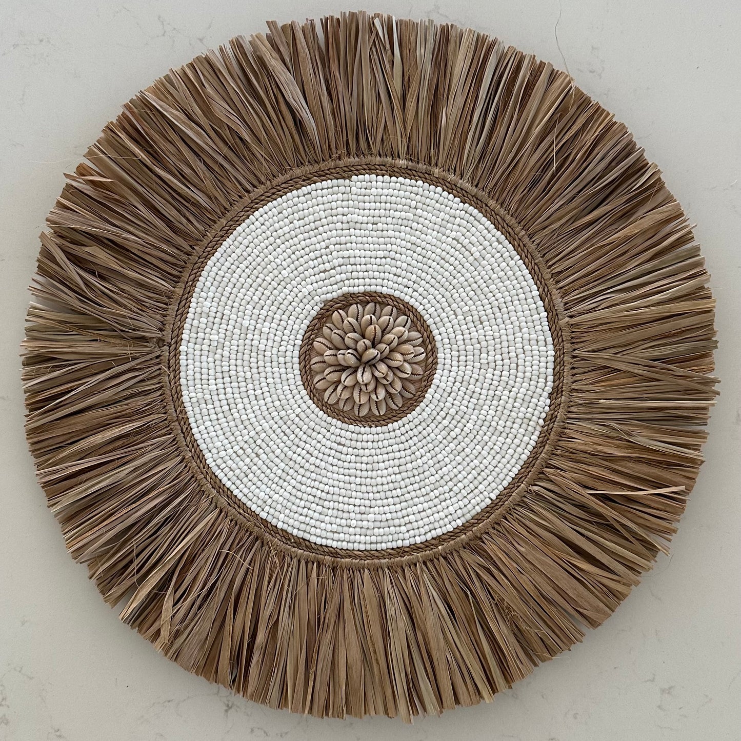 Sunshine Medium Bead Shell and Raffia Wall Disk | White | 40cm