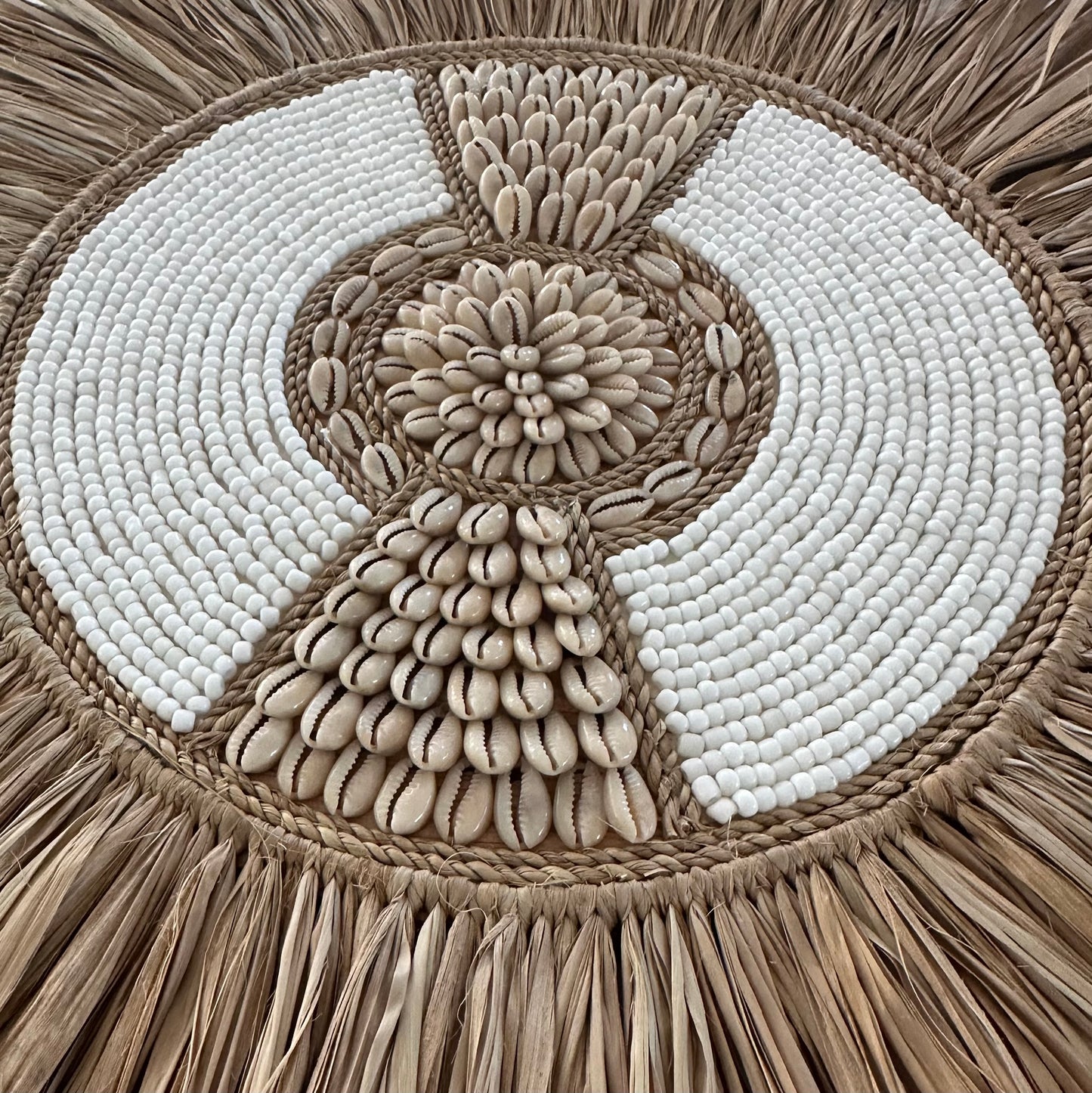 BoHo Bead Shell Rope and Raffia Wall Disk | WHITE | 40cm