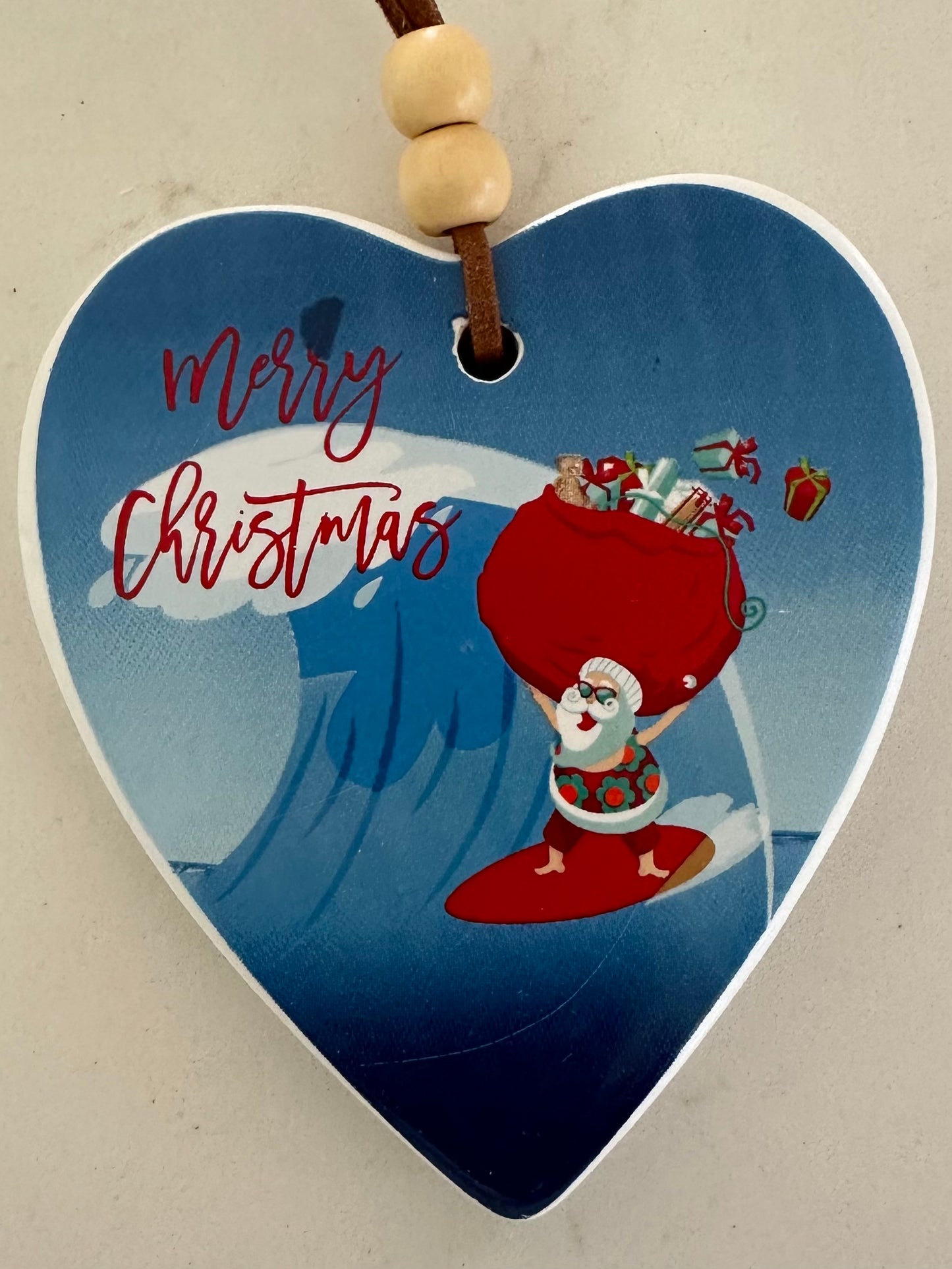 Surfing Santa Hanging Christmas Heart
