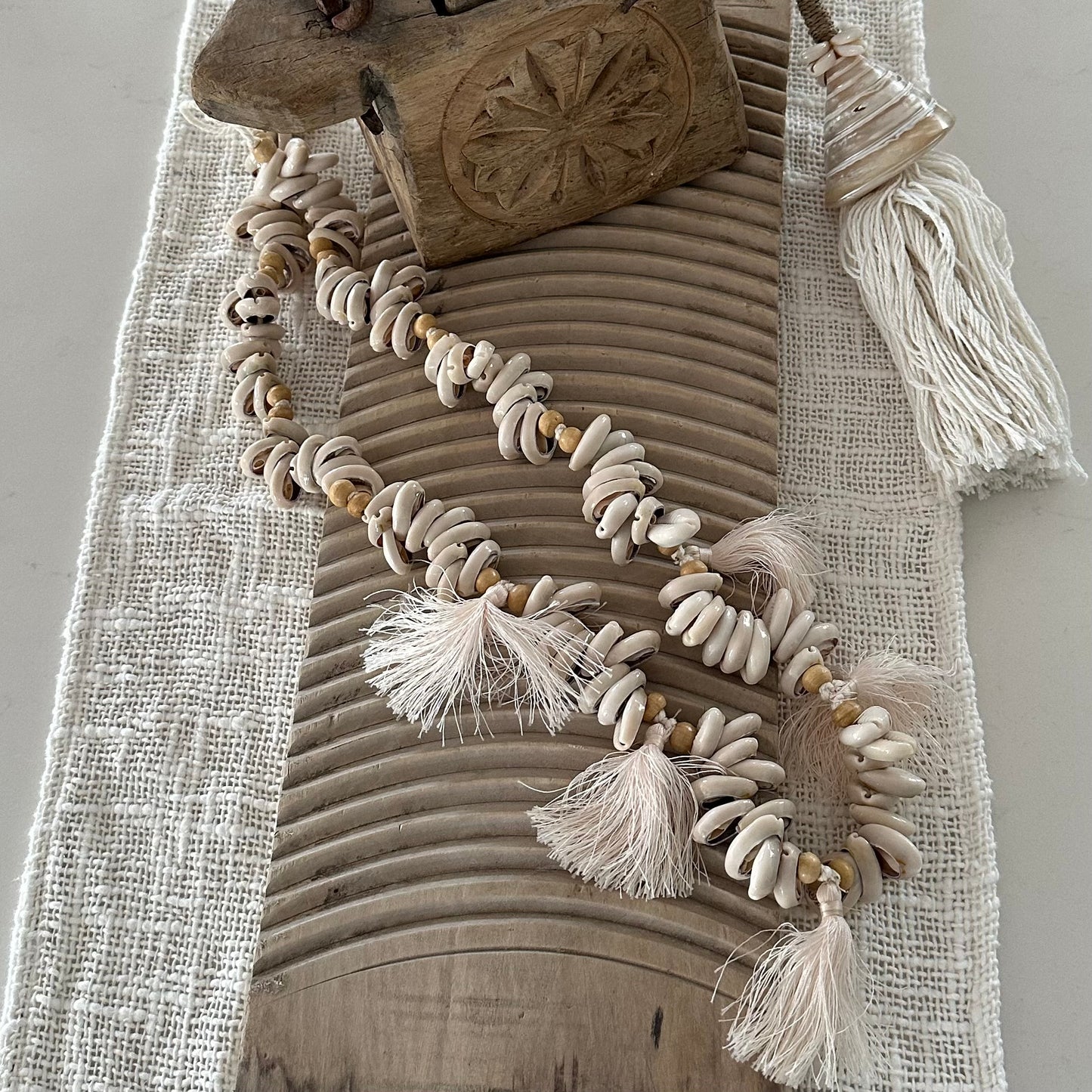 Sylvie Cowrie | Natural Beads | Tassel Curtain Tie | 48cm | ONLY 1 LEFT