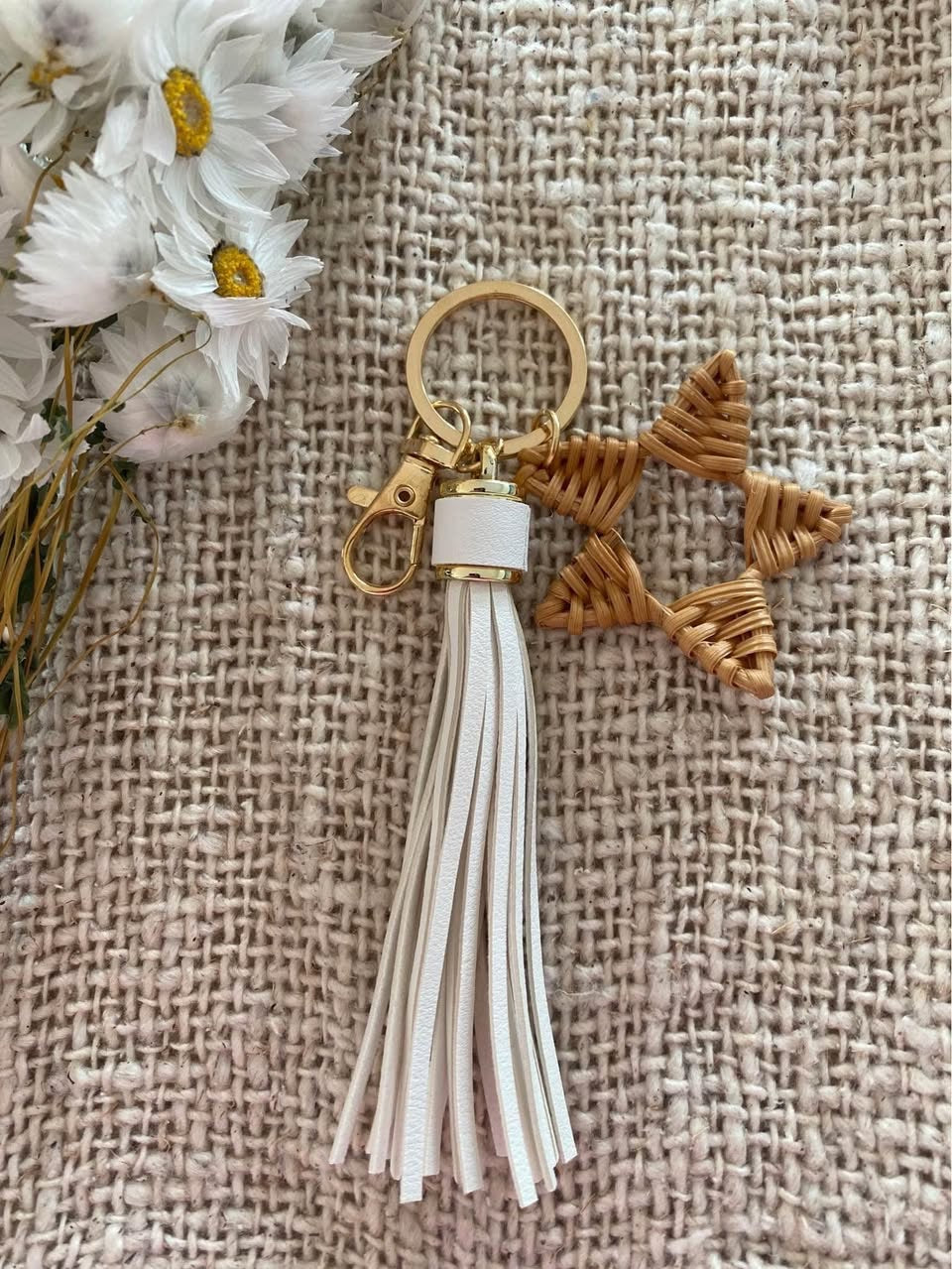 Natural Rattan & Leather Keyring