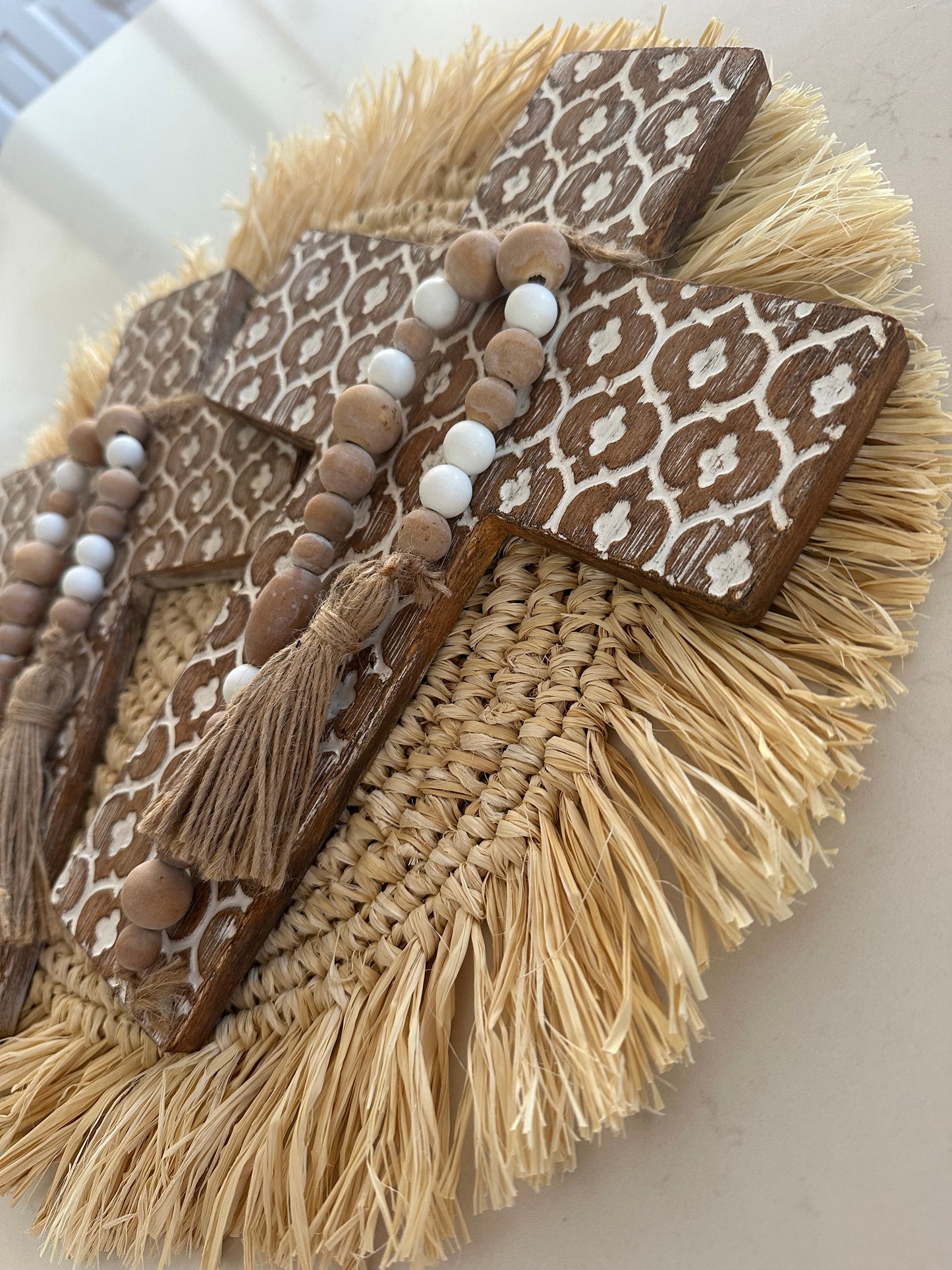 Boho Hanging Cross | Iron + Wooden Beads | Whitewashed | NEW ARRIVAL