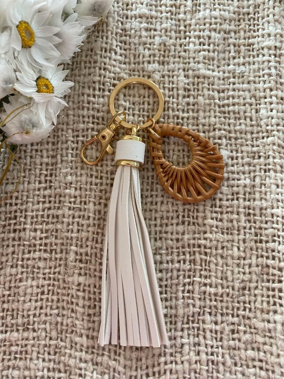 Natural Rattan & Leather Keyring