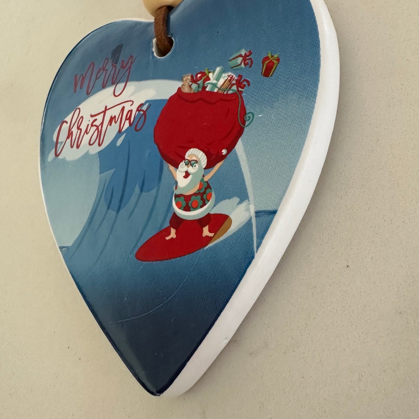 Surfing Santa Hanging Christmas Heart