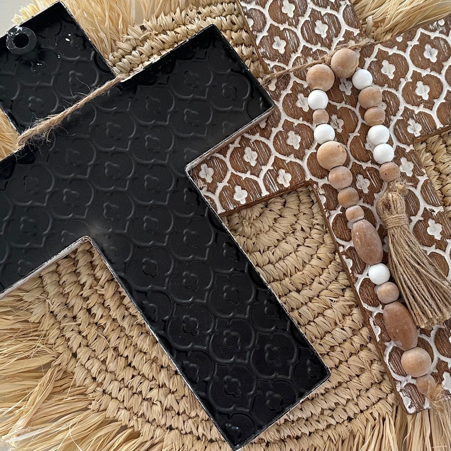 Boho Hanging Cross | Iron + Wooden Beads | Whitewashed | NEW ARRIVAL