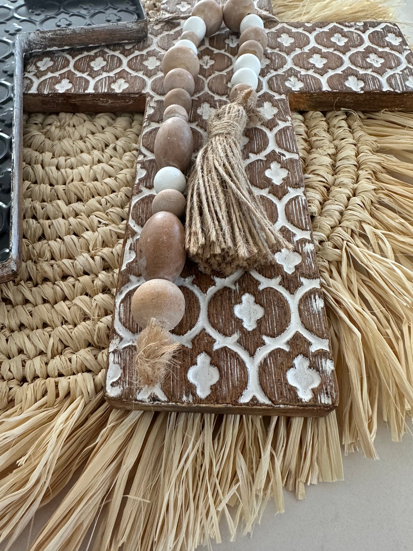 Boho Hanging Cross | Iron + Wooden Beads | Whitewashed | NEW ARRIVAL
