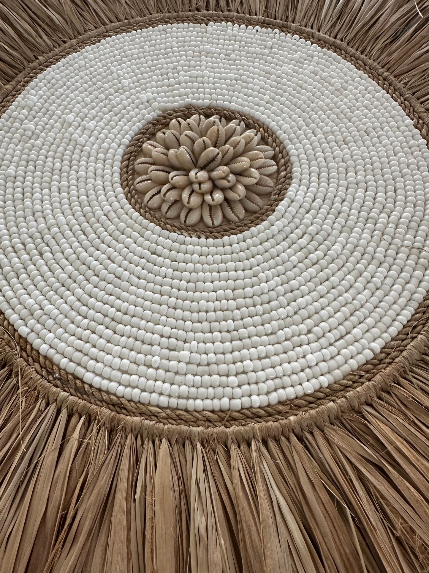 Sunshine Medium Bead Shell and Raffia Wall Disk | White | 40cm