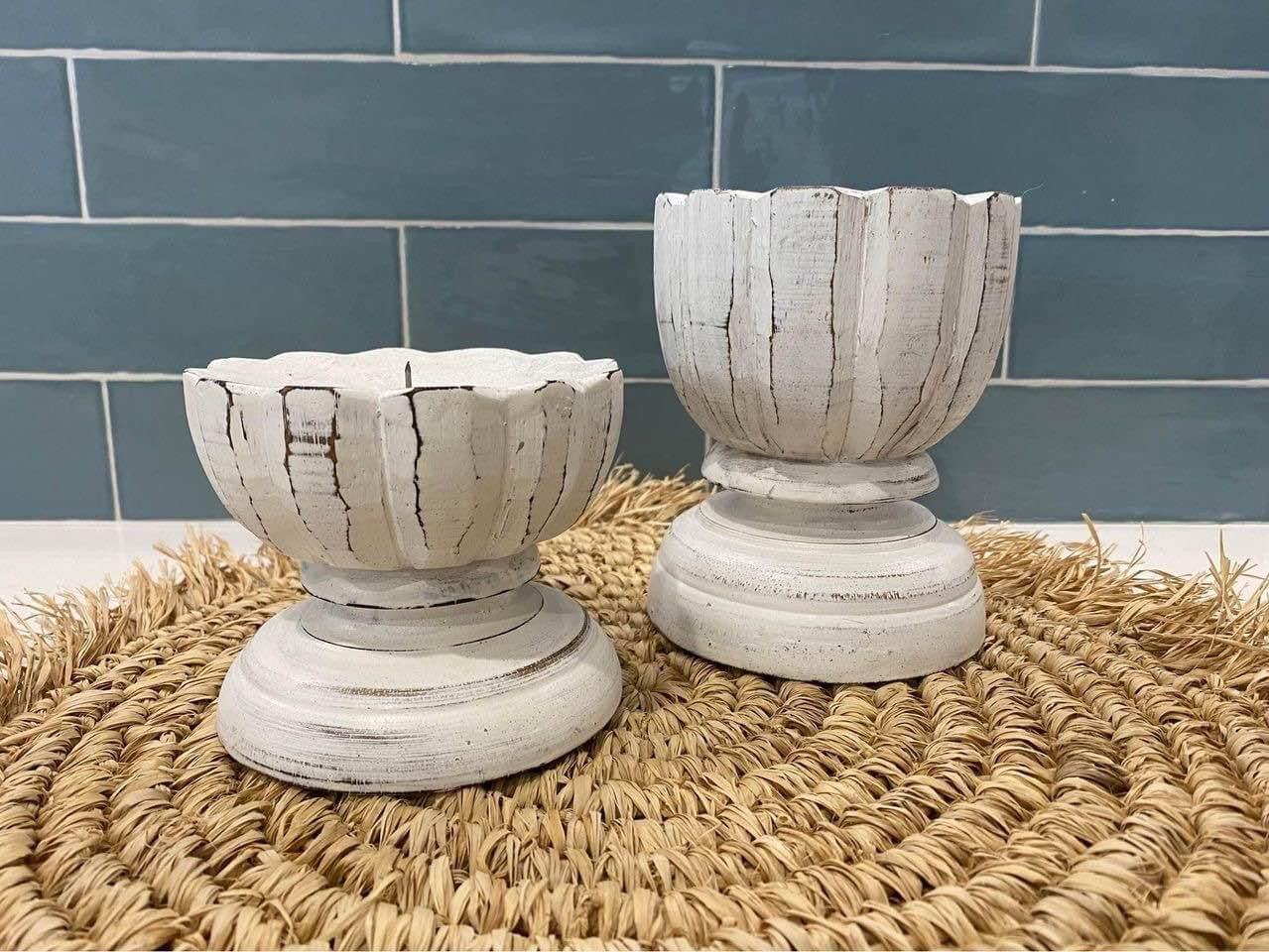 Short Boho Candle Holders | White Washed | Set of 2 | LAST SET