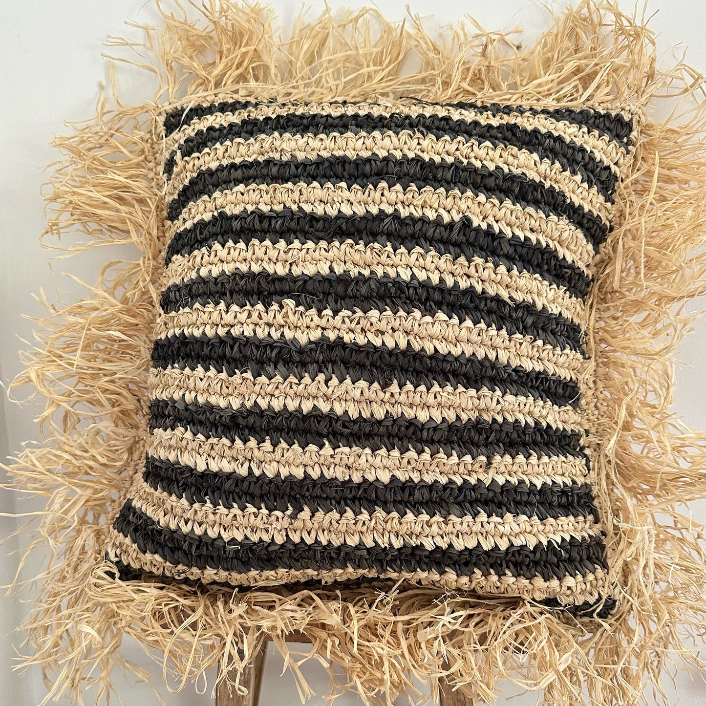 Raffia Cushion Cover with Fringe Natural with Black Stripe