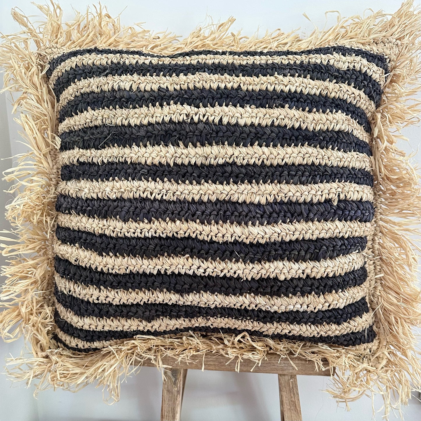 Raffia Cushion Cover with Fringe Natural with Black Stripe
