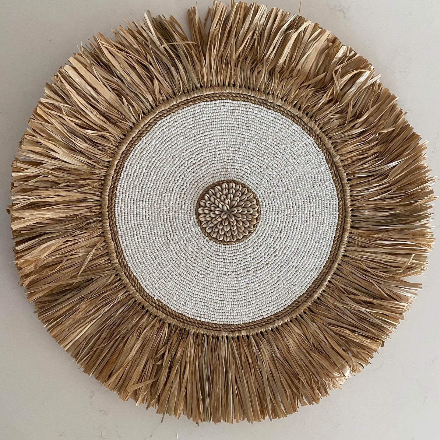 Sunshine Lge Bead Shell and Raffia Wall Disk | White | 50cm | ONLY 1 LEFT