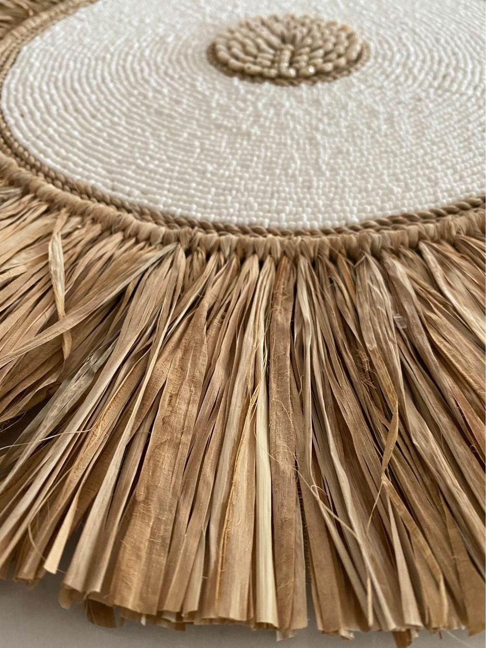 Sunshine Lge Bead Shell and Raffia Wall Disk | White | 50cm | ONLY 1 LEFT