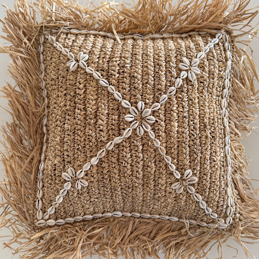 Raffia Cushion Cover | Cowrie Shells | Natural | 40x40cm | CLEARANCE SALE | ONLY 1 LEFT