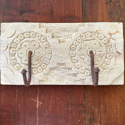 BoHo Whitewashed Carved Wall Hook | 2 Hooks | ONLY 1 LEFT