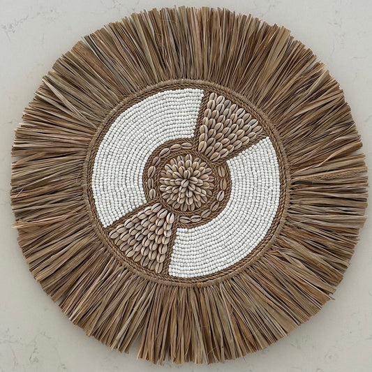 BoHo Bead Shell Rope and Raffia Wall Disk | WHITE | 40cm