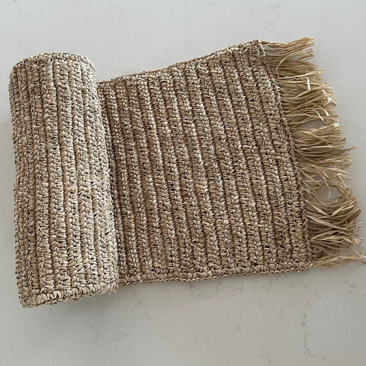 Tahiti Raffia Table/Bed Runner with Fringe | Natural