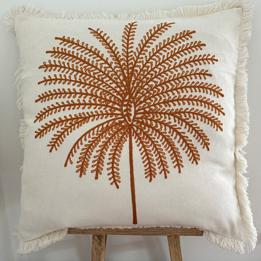 Caribbean BoHo Cotton Embroidered Palm Cushion Cover | 50x50cm | RUST