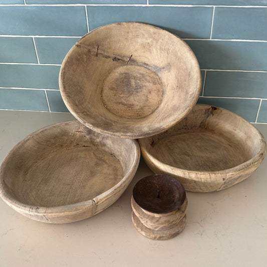 Raw Vintage Indian Wooden Parat Bowl | Bleached | Medium
