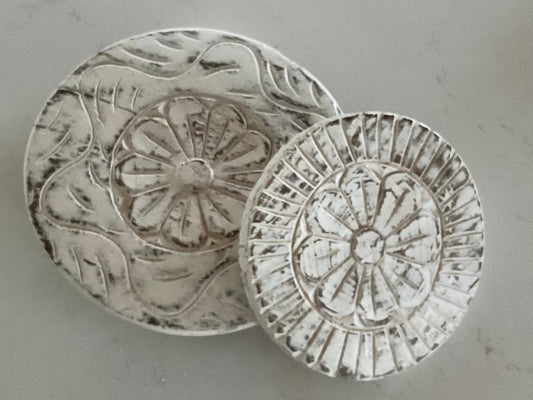 BoHo Vintage Carved Chapati Plate/Riser | Carved | Whitewashed | Style A |