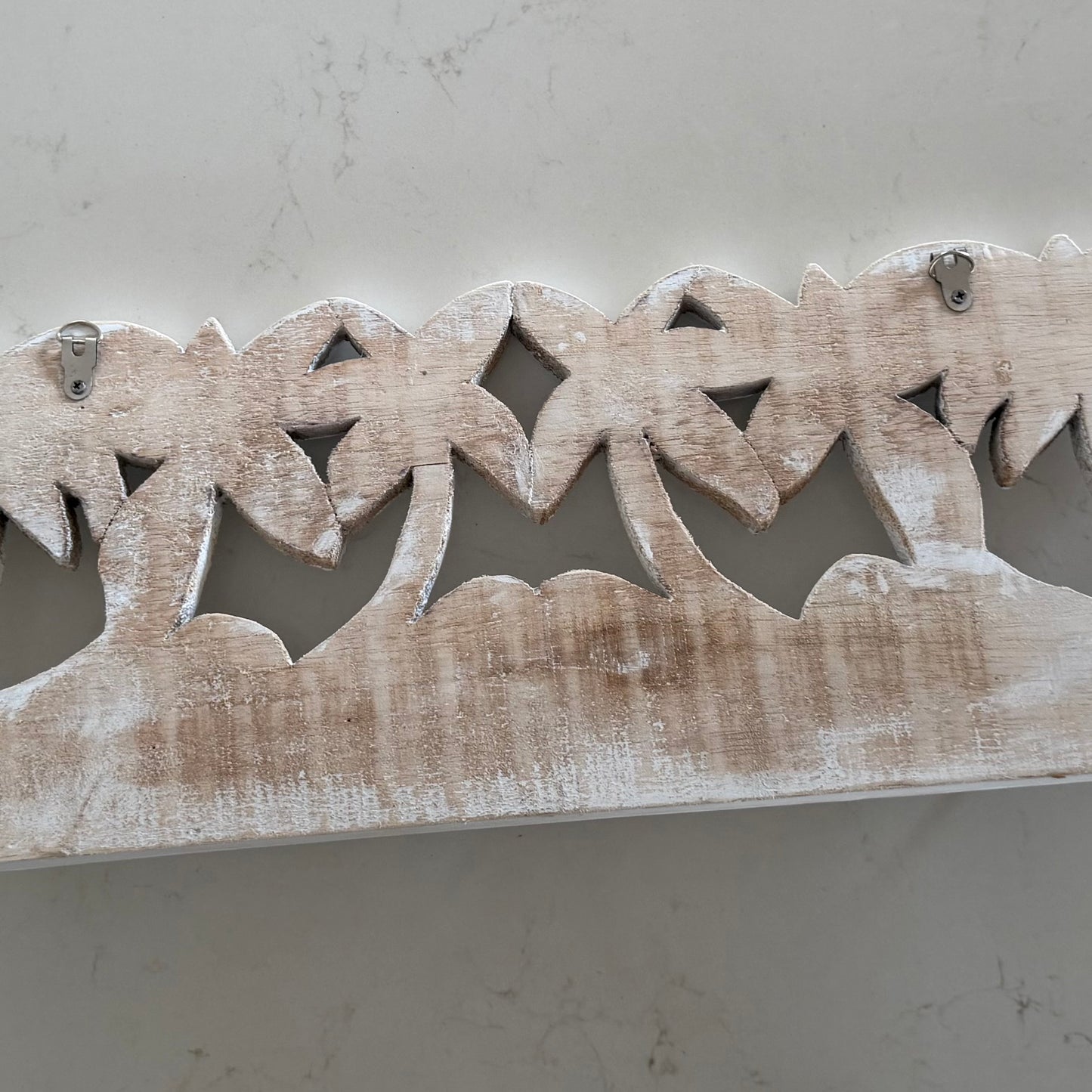 Palm Trees Carved Whitewashed Wooden Wall Hook | 3 Hooks