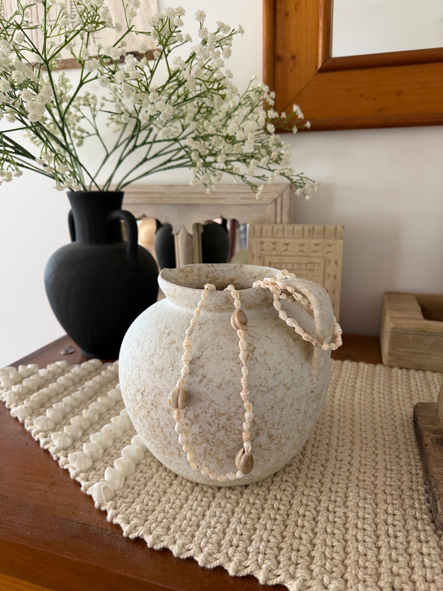 Cantik Cowrie & Small White Shells Necklace | Tassel | Lei