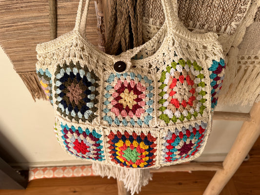 Nina Natural Cotton Granny Square Beach Bag | Crochet | Vanilla