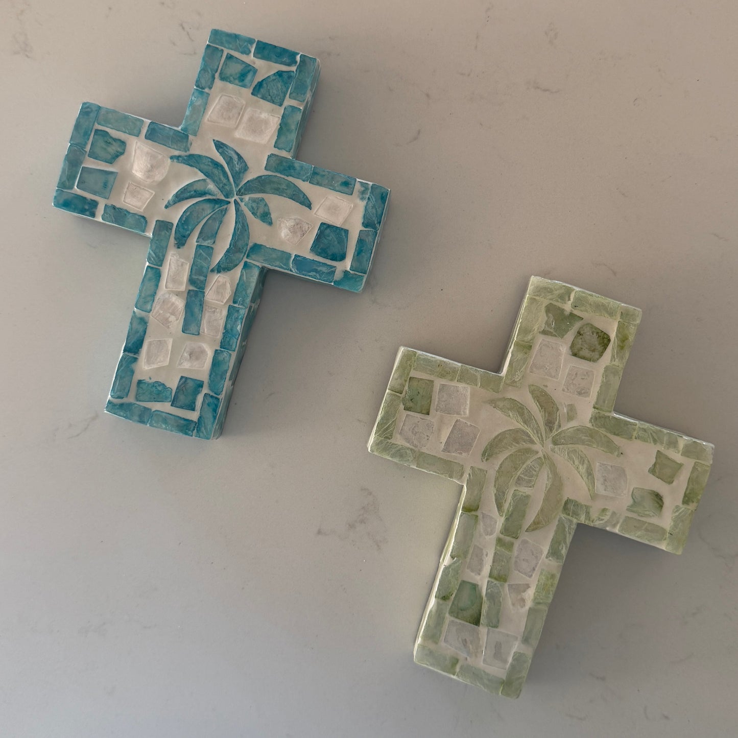 Tropical Palm Wall Capiz Cross | Aqua | Avocado