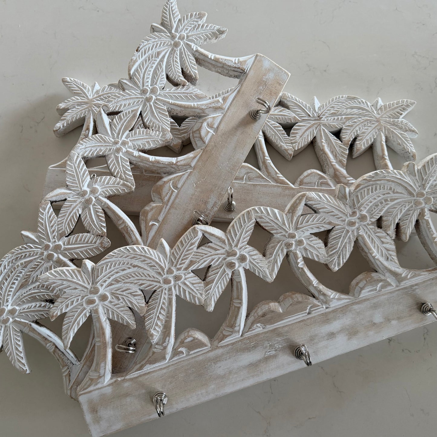 Palm Trees Carved Whitewashed Wooden Wall Hook | 3 Hooks