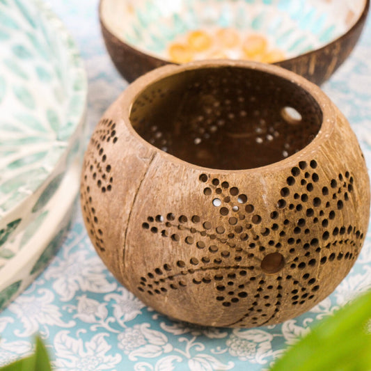 Coconut Bowl | Tea Light Holder | Carved Palms