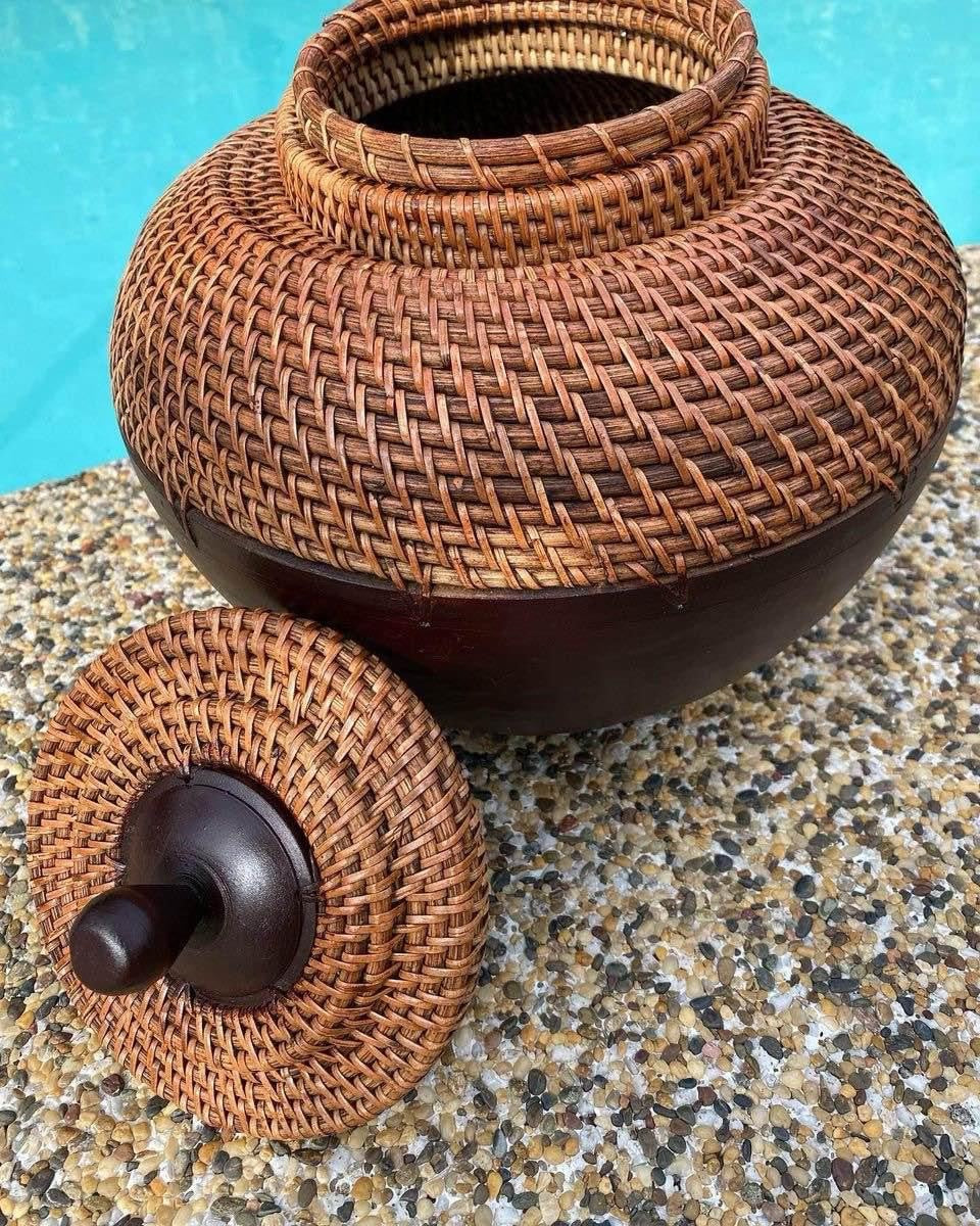 Wood and Rattan Canister/Pot