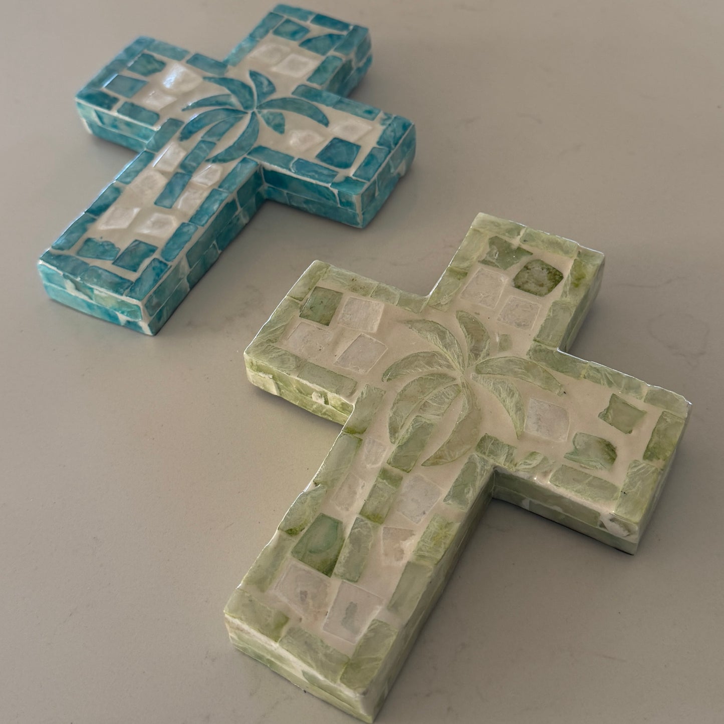Tropical Palm Wall Capiz Cross | Aqua | Avocado