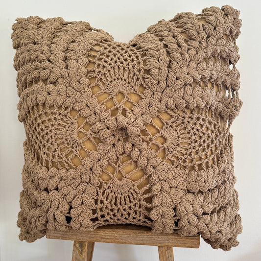 Boho Crochet Cotton Palm Cushion Cover | Mocha | 50x50cm | NEW ARRIVAL